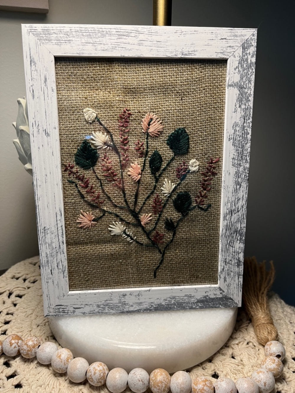 🥀 Framed Embroidered Floral Art - Neutral Burlap Background